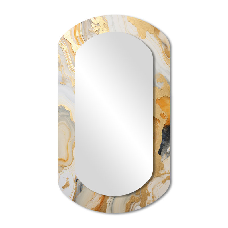 Or et blanc Marble River - miroir cylindrique en marbre, miroir mural décoratif asymétrique doré, impression d'art en métal