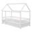 Twin Size Floor Wooden Bed with House Roof Frame, Fence Guardrails,White-1722518670-1722518664