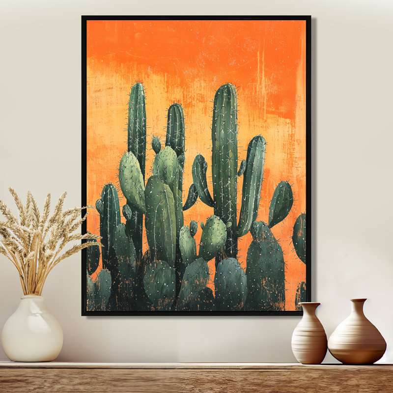 Maricza pastel cactus au lever du soleil II - Cactus, art mural, H 32 po x l 24 po, Impression encadrée sans passe-partout