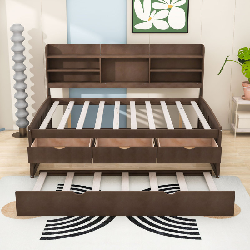 3 Drawers Full Wooden Captain Bed with Twin Trundle and Shelves, Antique Brown