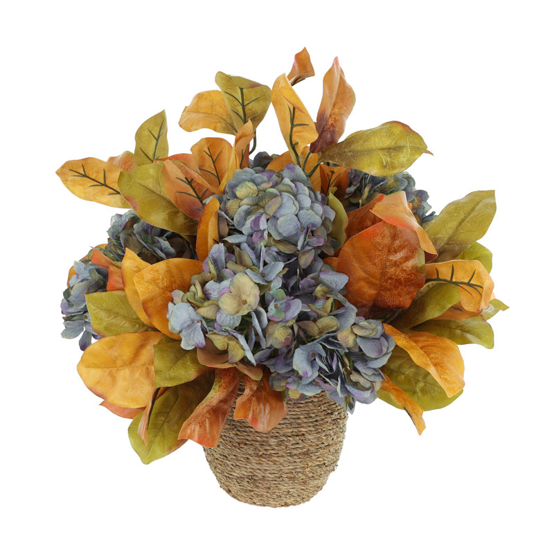 Arrangement d'automne Catron avec hortensias et feuilles en pot de corde