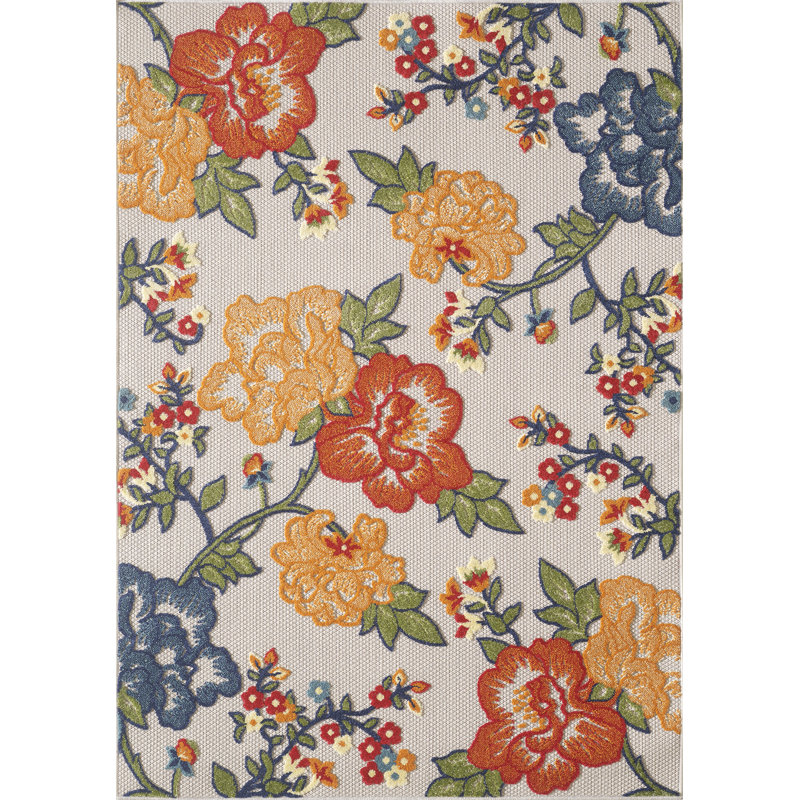 Floral Machine Woven Indoor / Outdoor Area Rug, Rectangle 5'3" x 7', Ivory