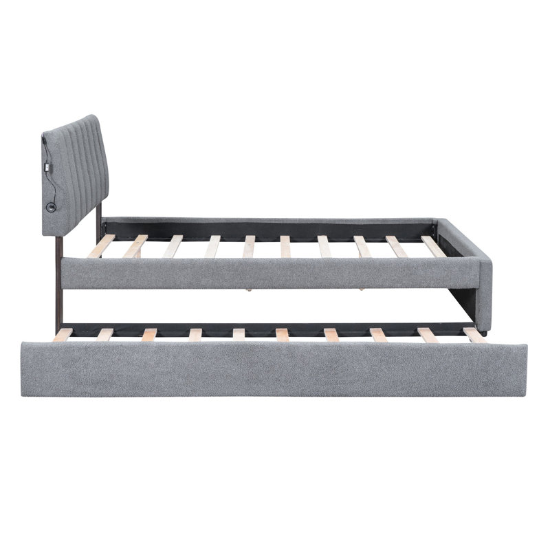 Lit plateforme tapissier avec lit gigogne, lit gigogne polyvalent et confortable, atmosphère classique, Gris, Grand lit