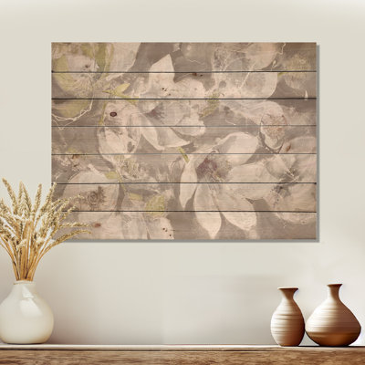 Beige And Brown Blossiming Flowers - Farmhouse Print on Natural Pine Wood