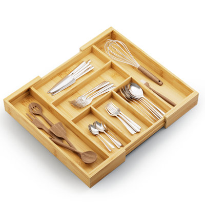 Kitchen Utensil Silverware Drawer Organizer - Bamboo Flatware Cutlery Tray With 5 Compartment And 2 Expandable Dividers For ALL SIZE Forks Knives And Spoons