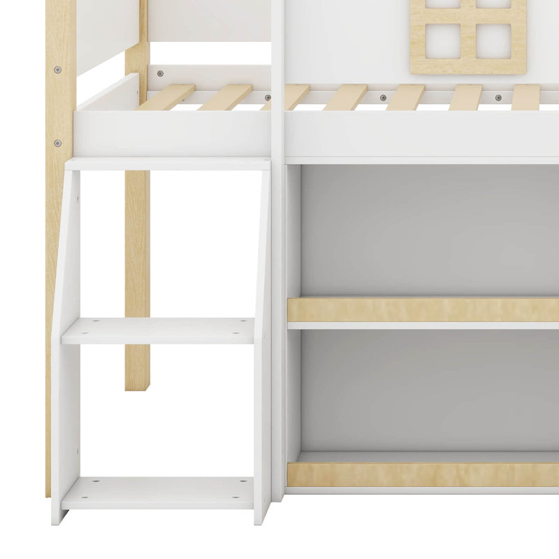 Twin-Size Low Loft Bed With LED Lights, Loft Bed With Safety Guardrail, Wooden Bed Frame With Step Staircase, Shelving, Cabinets