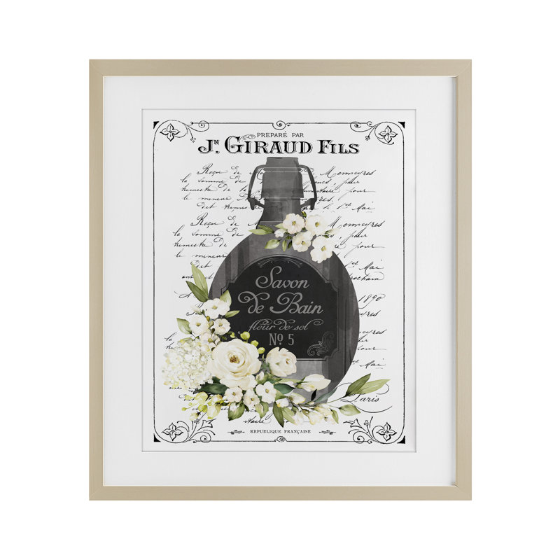 Impression de savon de bain français rétro encadrée sous verre, design avec lettres et doublure, H 16 po x l 13 po