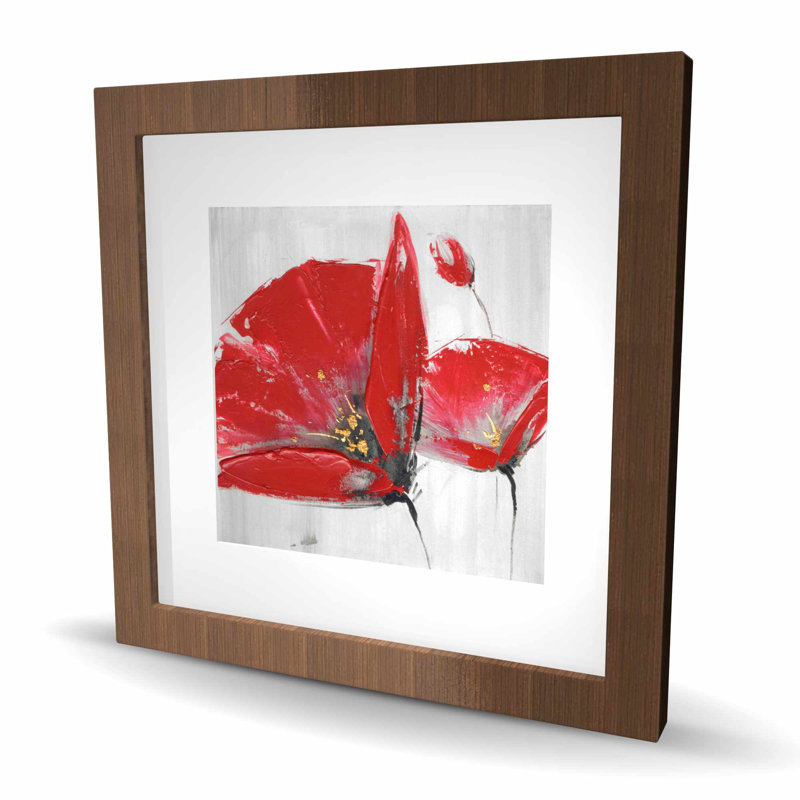 Trois fleurs rouges sur fond gris - reproduction encadrée romantique, H 16 po x l 16 po, Brun