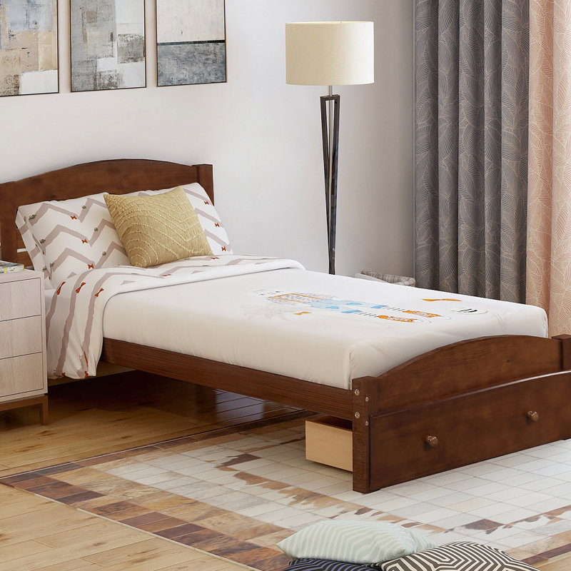 Structure de lit plateforme avec tiroir de rangement et support en lattes de bois sans sommier, Walnut