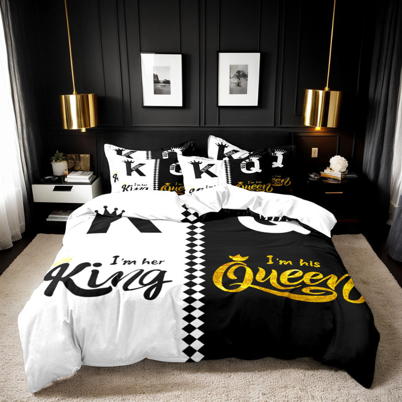 Ensemble de housse de couette en microfibre avec très grandes valises Valentine, Blanc/Noir