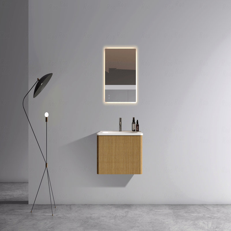 Meuble-lavabo avec lavabo en céramique blanc, meuble-lavabo mural flottant pour salle de bain moderne, Brun