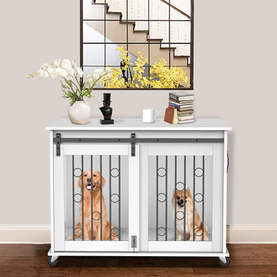 Meuble de cage pour chien avec cloison pour 2 animaux de compagnie de taille petite à moyenne, table de bout en bois pour cage, chenil d'intérieur robuste avec cloison amovible et porte coulissante, l 39,37 po x l 25,2 po x 28,94 po