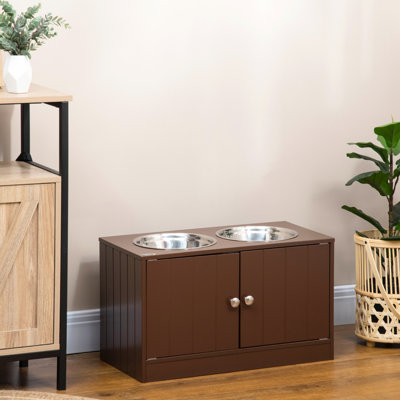 Large Pet Food Bowl Stand With Cabinet - 11.75" W, Brown Elevated Dog Bowls 15 In Width,