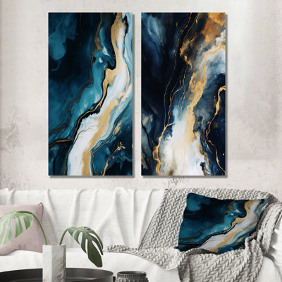 Or et bleu, peinture abstraite sur marbre I - ensemble de 2 reproductions d'art sur toile