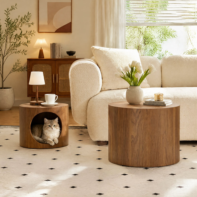 Ensemble de 2 tables basses gigognes rondes, tabouret gigogne en forme de nid pour chat, table d'appoint multifonction pour salon, aucun assemblage requis