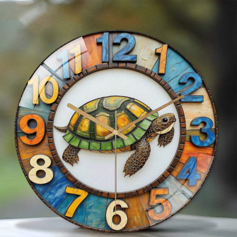 Colorful Turtle Wall Clock with Artistic Design Art - 12'' Modern Glass Wall Clock