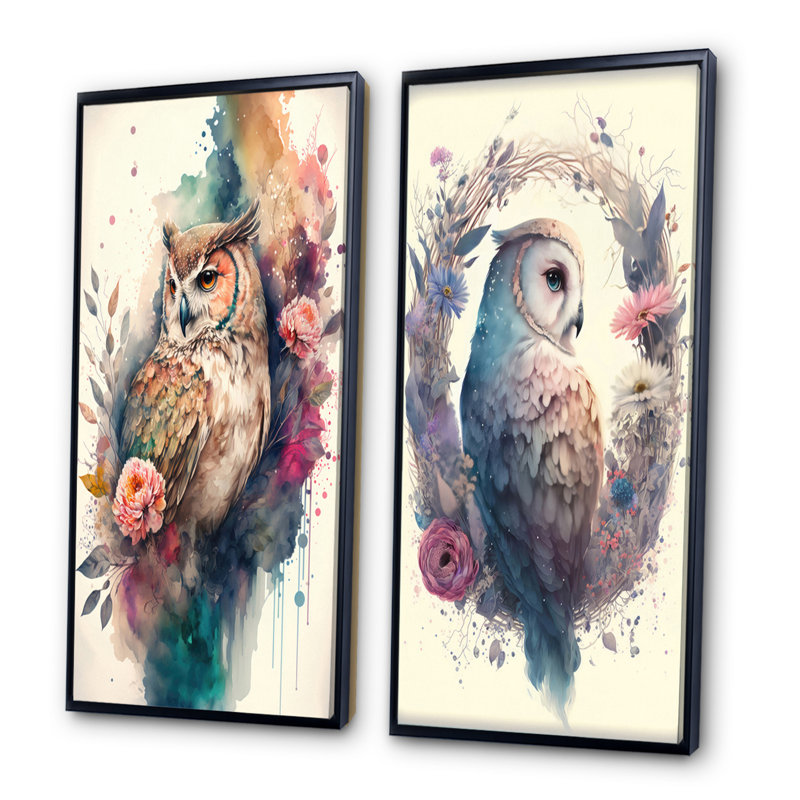 «Cute Owls Floral», 2 pièces sur toile, Cadre noir, H 40 po x l 40 po