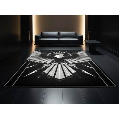Tapis moelleux moelleux de style art déco Ahmad Thunderbird en gris - reliure noire