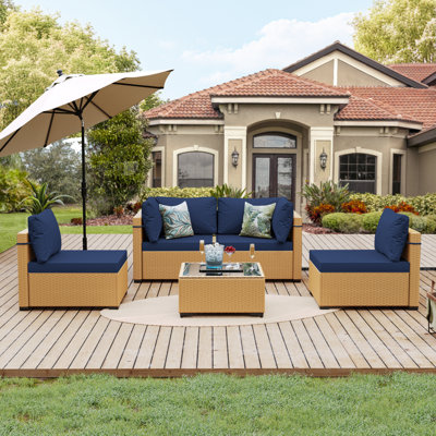 5-Pieces Beige Rattan Conversation Set with Beige Cusions for Outdoors by Latitude Run