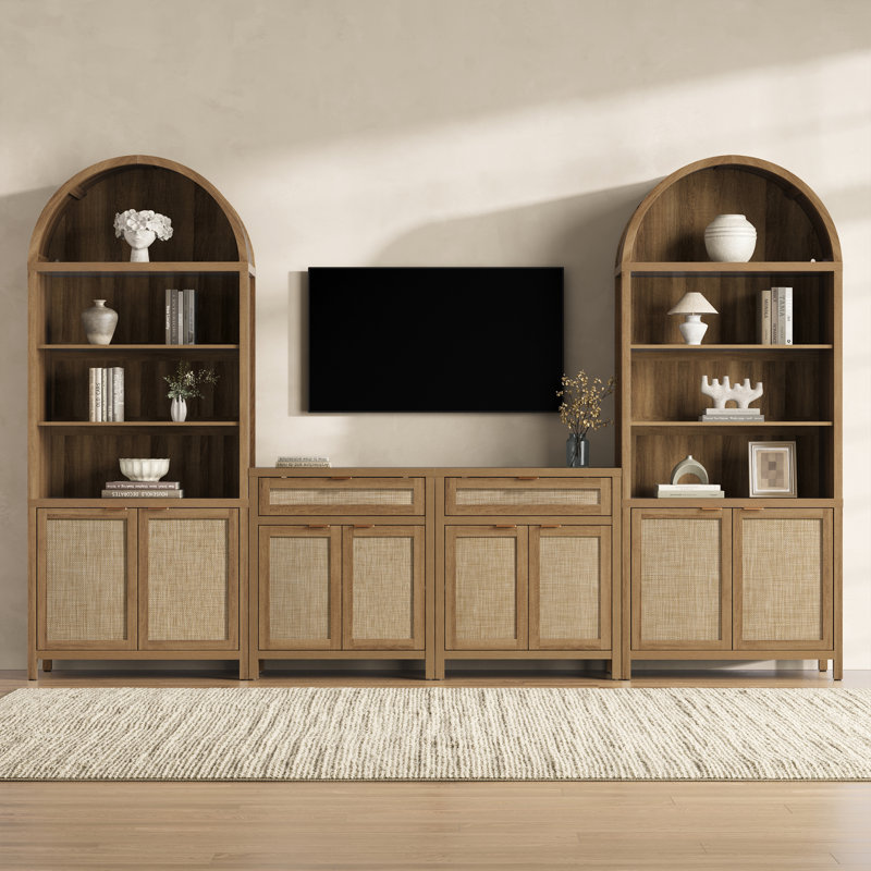 84.25''H Rattan Arched Bookcase With Adjustable Shelf, Caramel Oak