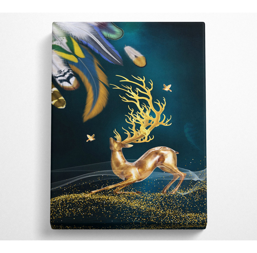 Feathers And Gold Reindeer - Kunstdrucke auf Leinwand ohne Rahmen