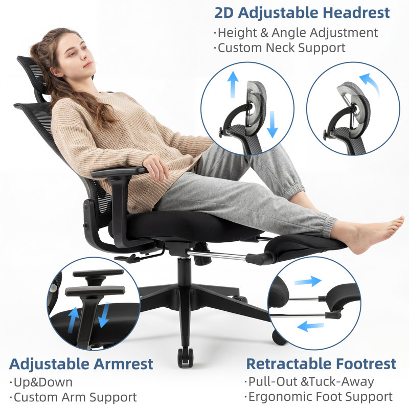Ergonomic Mesh Office Chair with Foldable Backrest, Adjustable Lumbar Support, 2D Armrests and Retractable Footrest, Minimal Assembly Home Office Desk Chair，Black