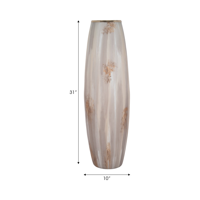 Jocelyn Modern Textured Tall Glass Vase for Home Decor - Decorative Table Flower Vase with Metal Rim for Living Room Styling and Tabletop Display - Tan