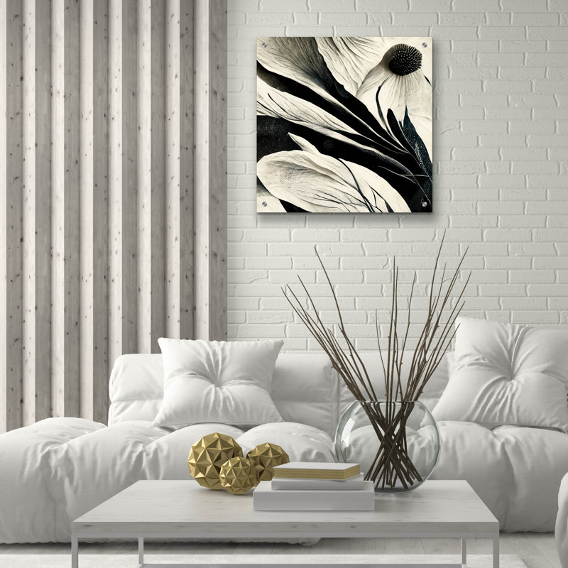 «Flowers Black White 7» par Ray Heere, art mural en verre acrylique, 12 po x 12 po, H 24 po x l 24 po x P 0,2 po
