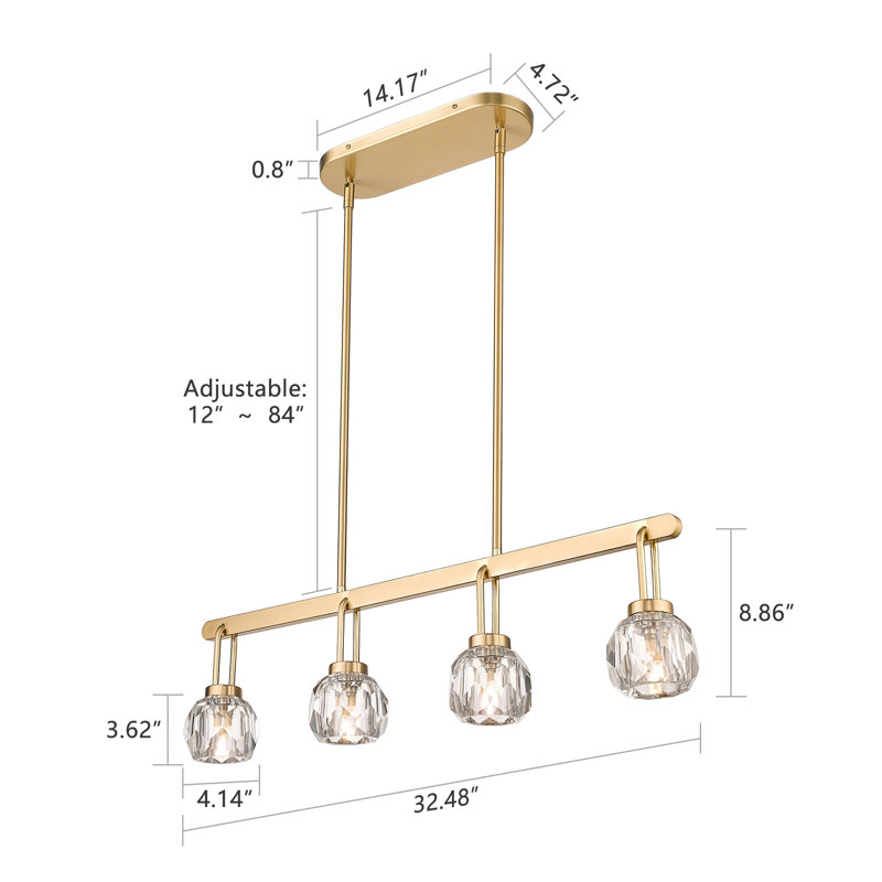 Luminaire suspendu pour îlot de cuisine moderne en cristal 32 po 4 lumières 