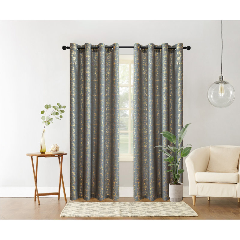 Foil Print Linen Textured Curtains, Grommet Top, 2 Panels Set, 52" W x 72" L