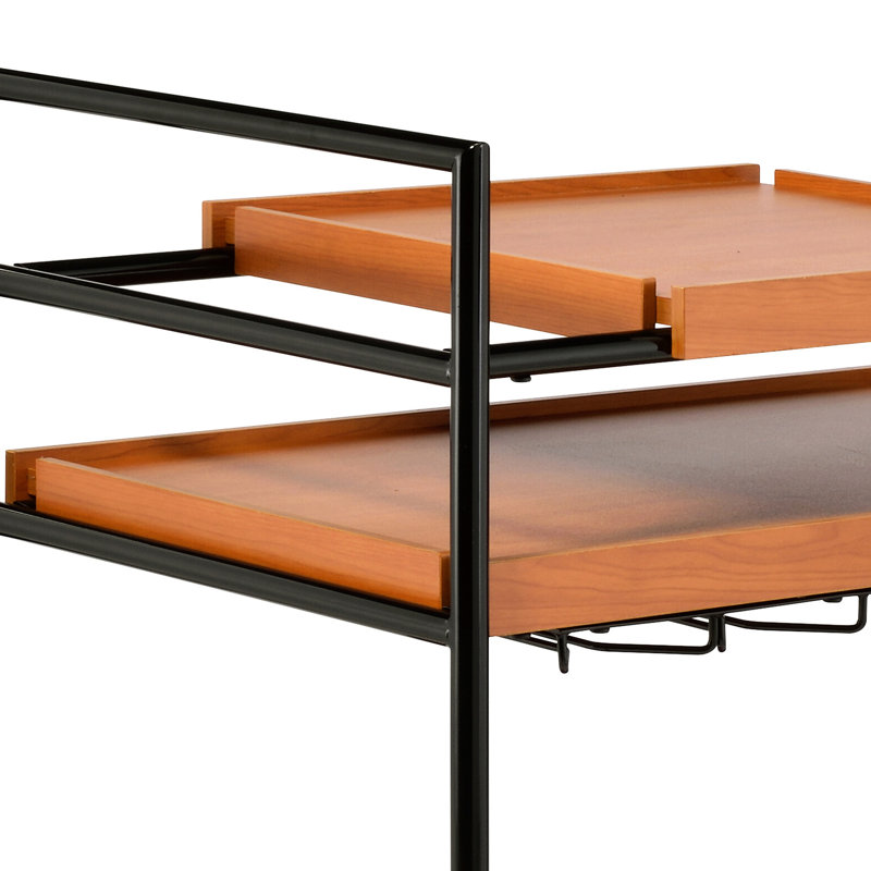 Table de service réglable en chêne miel et noir, support à verres à pied inclus, 3 compartiments de rangement ouverts, 4 roulettes pour faciliter le déplacement, structure en métal robuste, mobilier de salle à manger