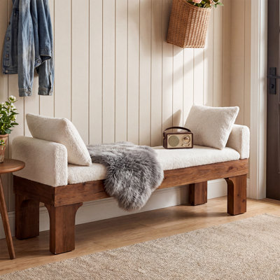 Banc rembourré en bois massif de 63 po, banc avec accoudoirs et 2 coussins