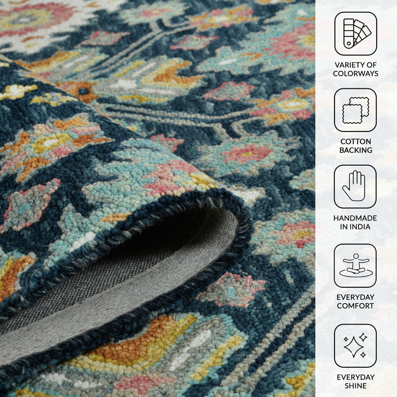 Tricity Traditional Navy Hand-Hooked Area Rug, Rectangle 3'6" x 5'6"