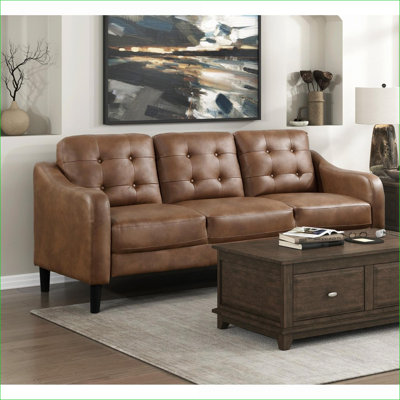 Sofas Couches | Transitional Button Tufted Couch for Living Room, Solid Wood Frame, Tan Brown Microfiber | Brown | Solid Wood