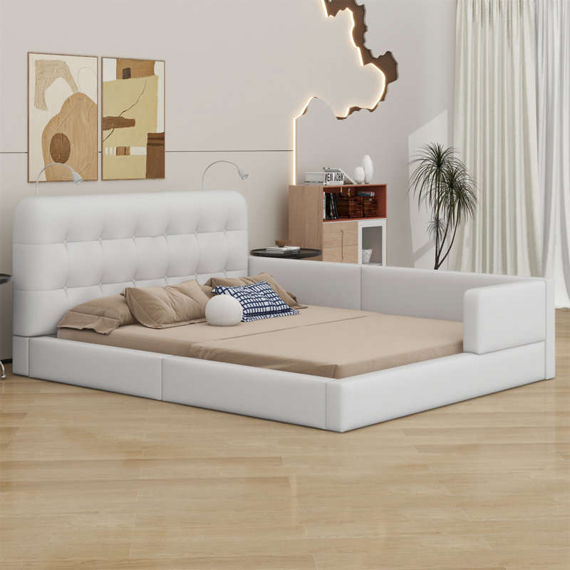 Upholstered Platform Bed With Reading Lights, White
