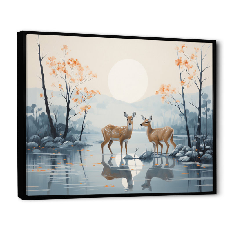 Animal cerf flottant en hiver - impression, H 24 po x l 32 po x P 1 po, Cadre flottant noir