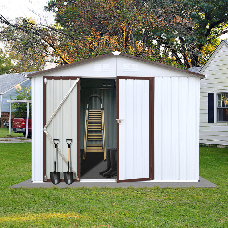 Metal Garden Sheds 8Ftx10ft Outdoor Storage Sheds White+Coffee, 75.2" H x 123.2" W x 102.4" D, White