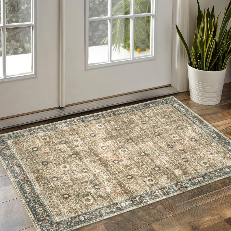 Myshawn Dua Distressed Border Brown Gray Beige Machine Washable Area Rug, Rectangle 3' x 5'