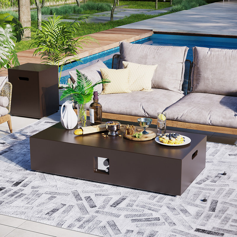 Dzmitry 56-Inch Rectangular Iron Propane Outdoor Fire Pit Table with Tank Cover, Lid, Rain Cover and Wind Guard, Brown