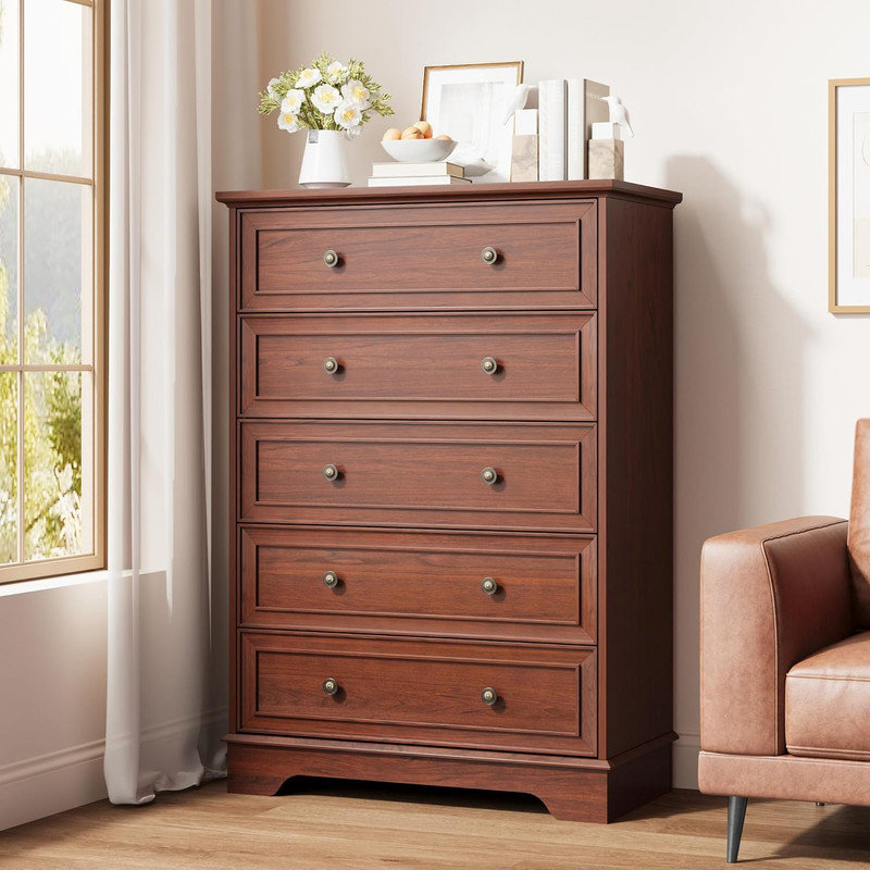 5-Drawer Vertical Farmhouse Dresser – Tall Wooden Chest for Bedroom, Living Room, Hallway, Space-Saving Design, Brown