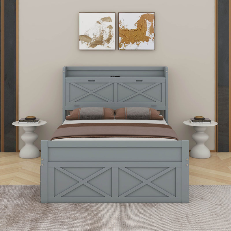 Lit double en bois avec lit gigogne et trois tiroirs de rangement, gris