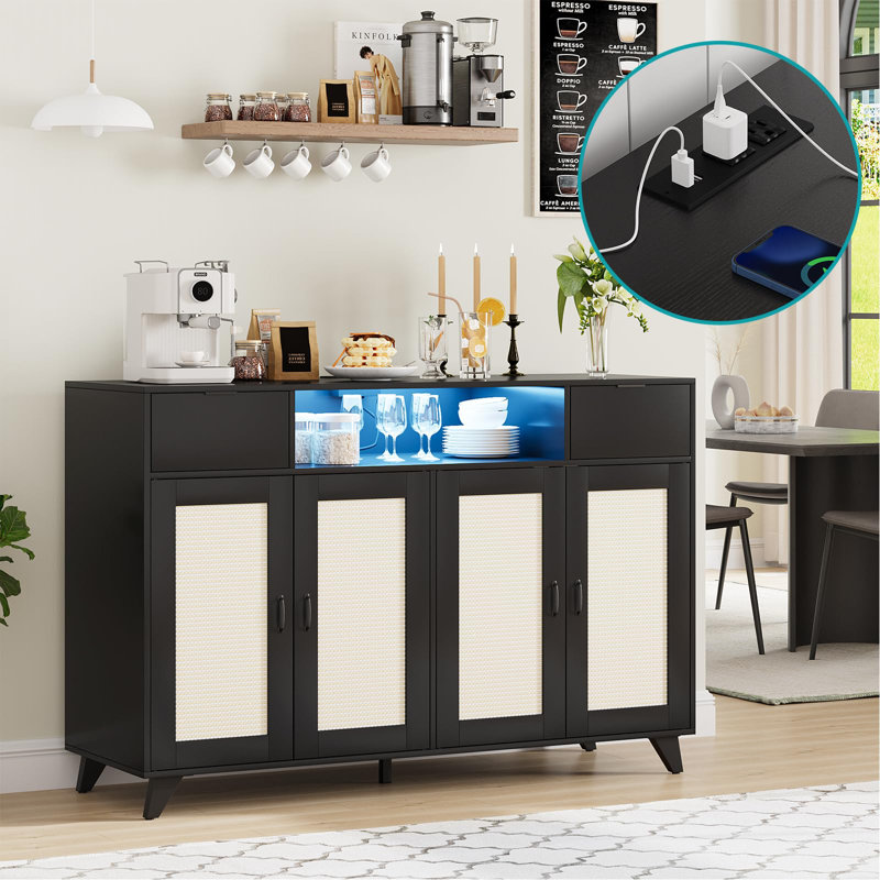47 INCH Black Modern Boho Rattan Sideboard Buffet Cabinet 4 Doors 2 Drawers Built-in Power Outlets Adjustable Shelves for Dining Room