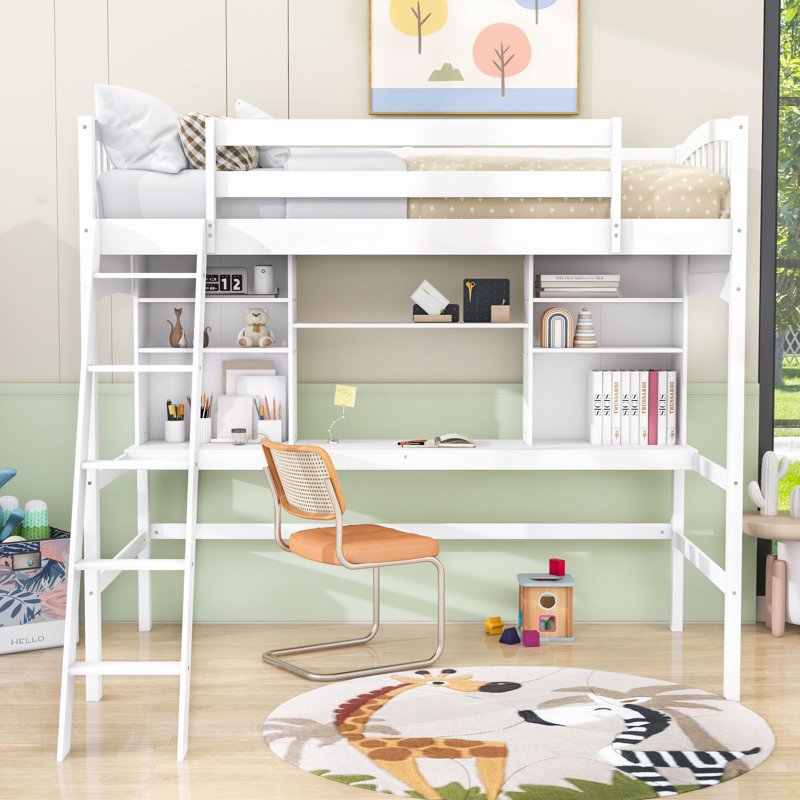 Lit mezzanine simple peu encombrant avec bureau et tablettes, Blanc