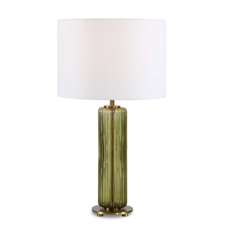 Lampe de table, abat-jour en lin blanc cassé, verre strié vert olive, 26 po