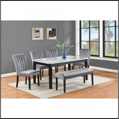 6-Piece Contemporary Dining Set Rectangular Faux Marble Table Top Black Finish Upholstered Chairs Bench Channel Tufting Wooden Solid Wood Dining Room Kitchen Furniture