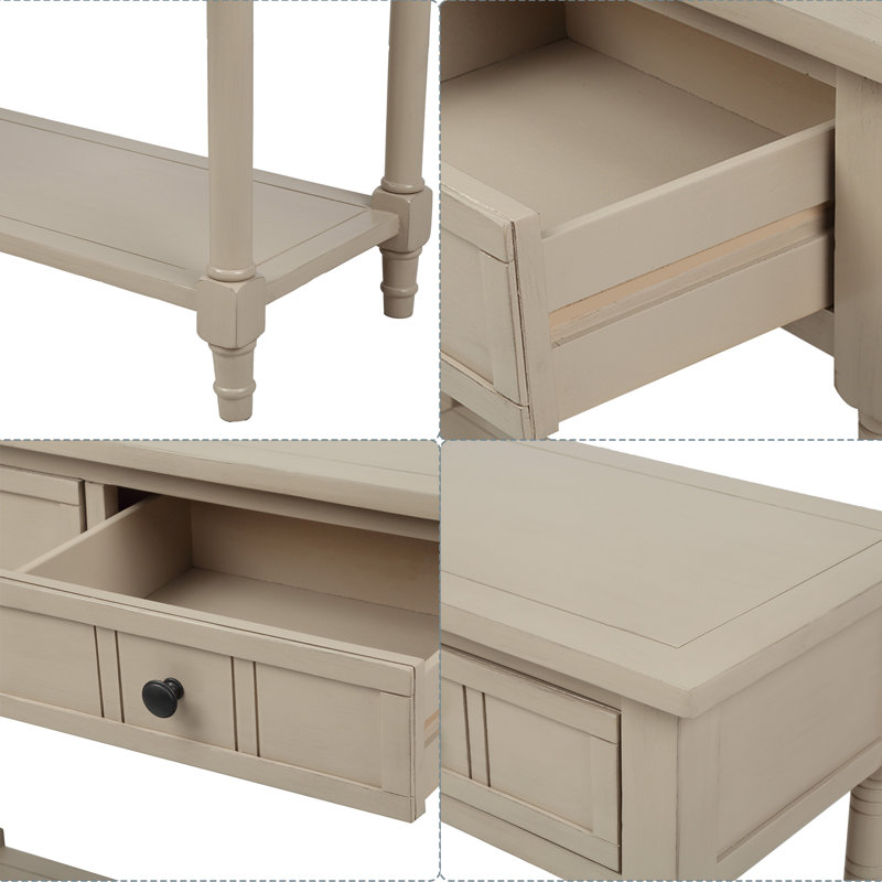 Floriean Rustic Vintage Farmhouse Style Console Table - 2 Drawers, Bottom Shelf, Retro Grey