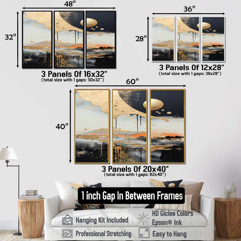 Adley - ensemble d'art mural paysage abstrait, Cadre flottant doré, H 40 po x l 60 po x P 1 po