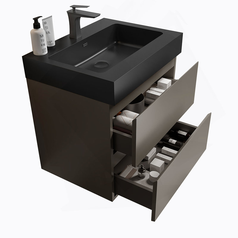 Meuble-lavabo mural flottant avec lavabo et rangement spacieux, Gris, 24", Noir