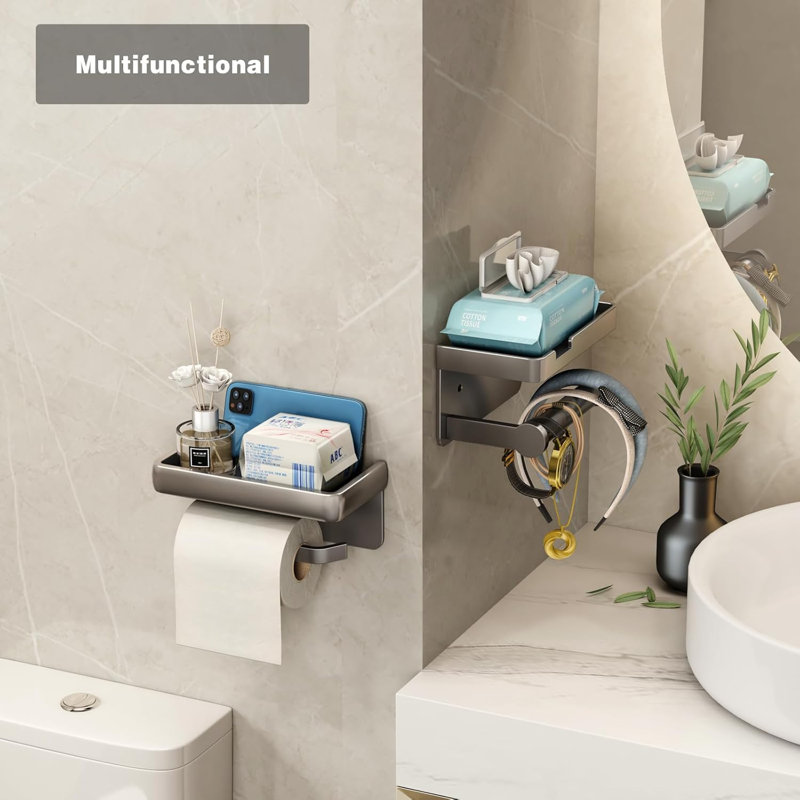 Porte-papier hygiénique avec tablette pour téléphone, fixation murale, antirouille, deux options d'installation pour la salle de bain