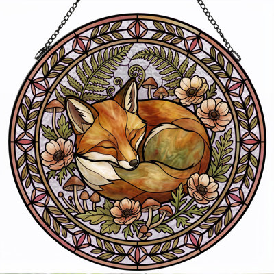 Sleeping Fox Stained Glass Window Panel，7.8H
